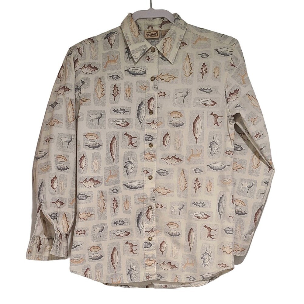 Vintage Woolrich Womens S Cotton Button Up Shirt Deer Leaves Peru Autumn Y2K